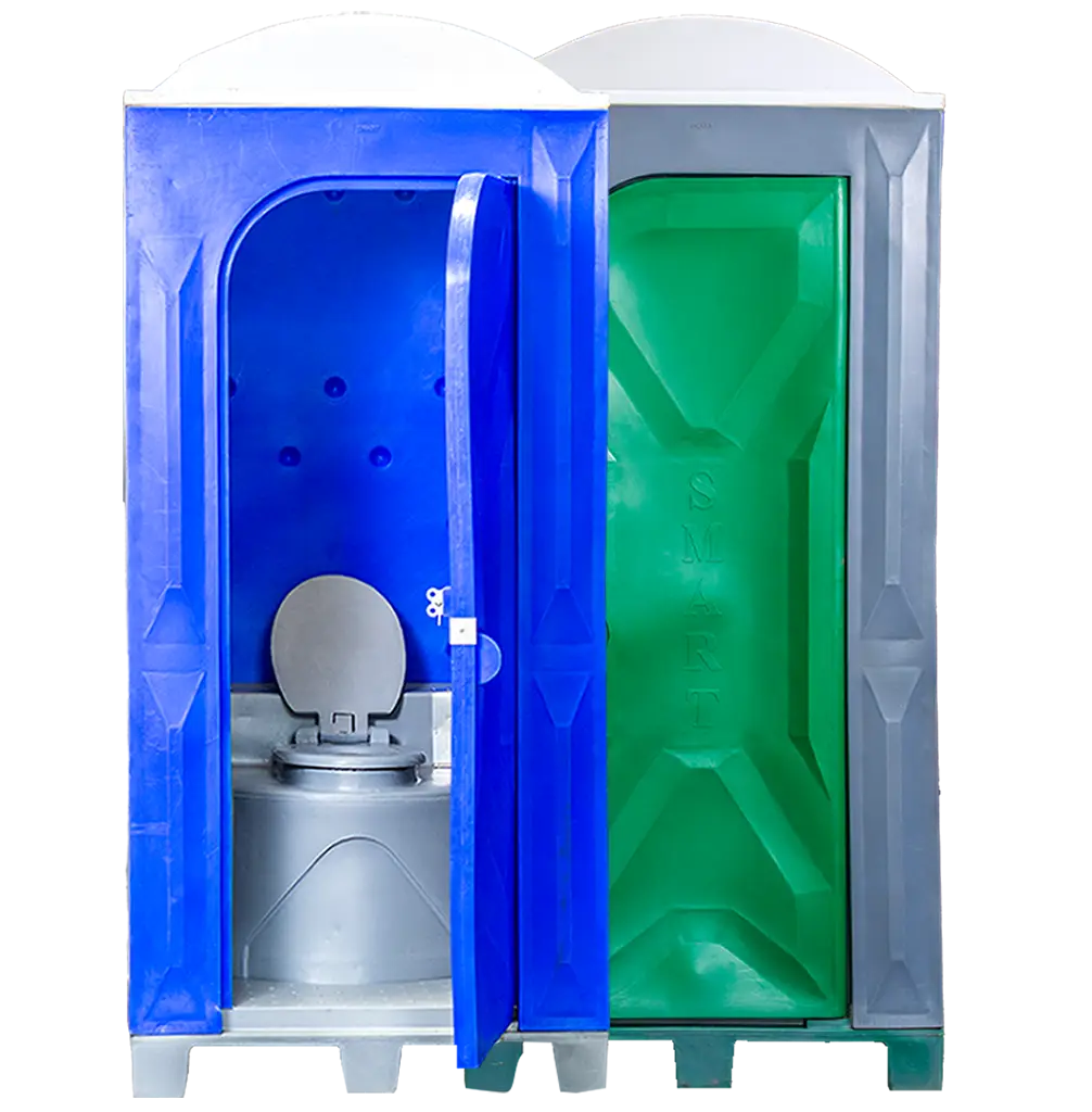 Green and blue plastic portable toilets