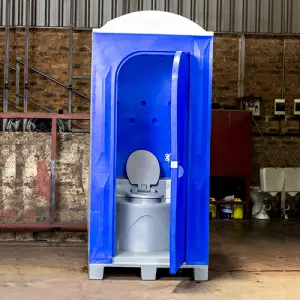 Blue and white plastic portable toilet